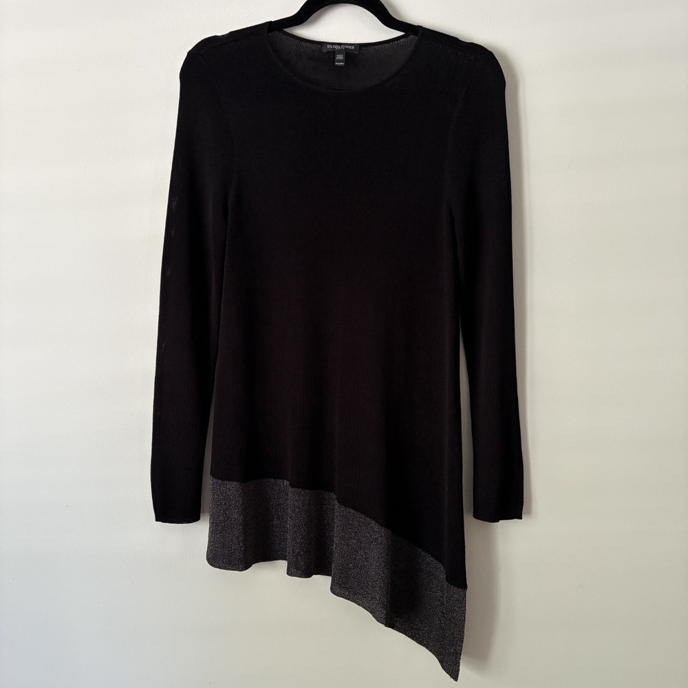 Eileen Fisher Asymmetrical Tunic Top Black Metallic Sz M Petite Sheer Knit Event